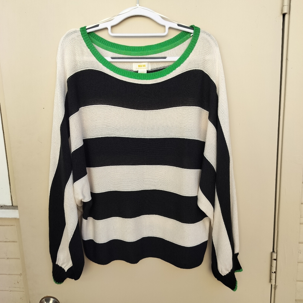Maeve Anthropologie Black White Stripe Green Trim Boat Neck Sweater Size Large - Picture 4 of 9